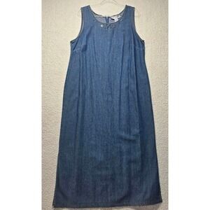 Jessica Howard Woman Vintage Denim Maxi Dress Blue Beaded Sleeveless Size 16